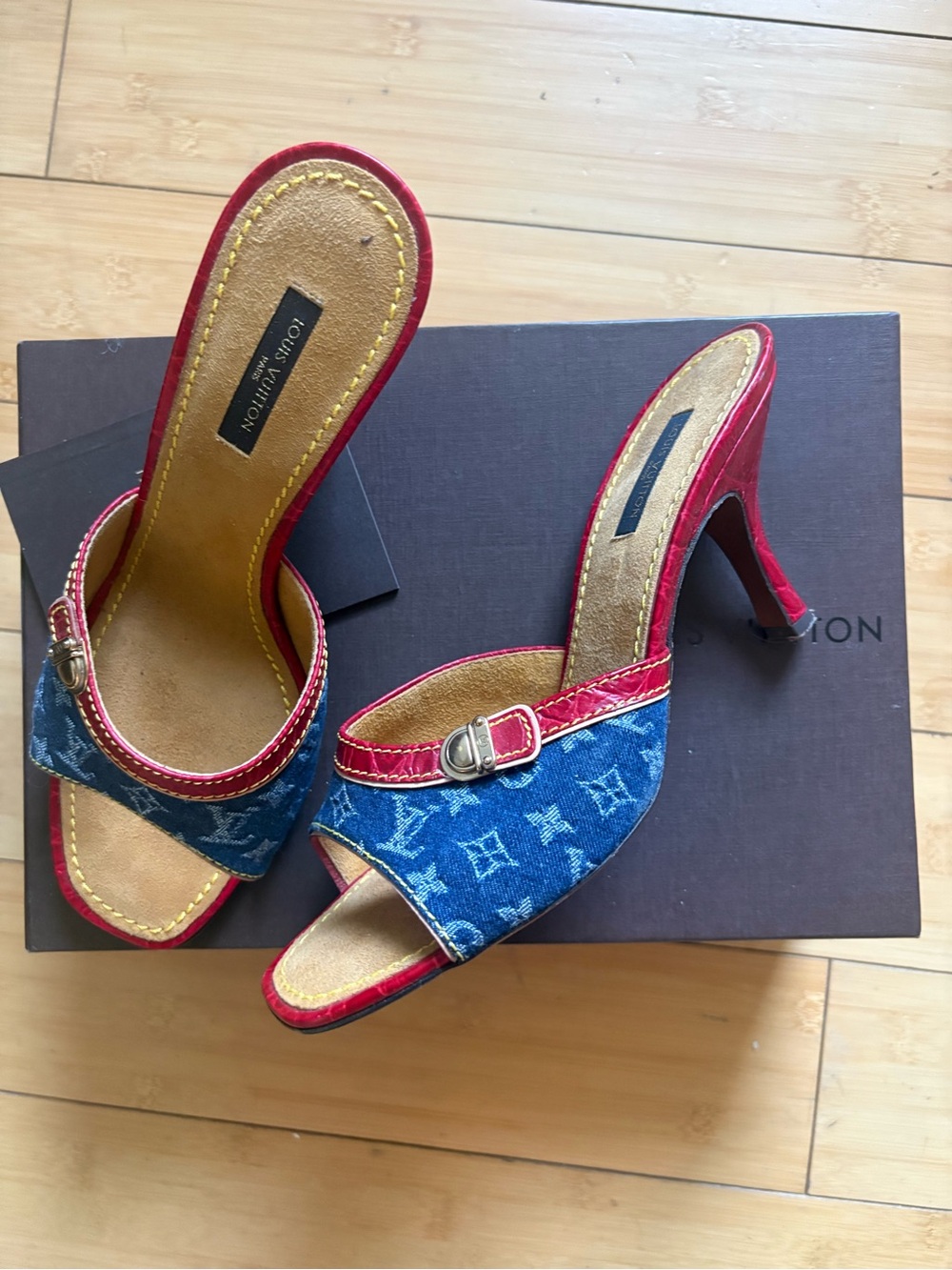 Louis Vuitton Blue Denim and Red Leather Mule Heels